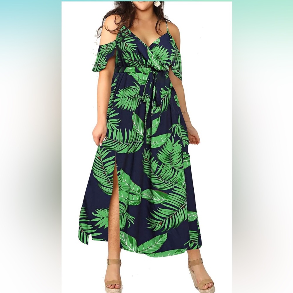 Cold Shoulder Maxi Navy & Green 1XL. Perfect beach or vacay dress